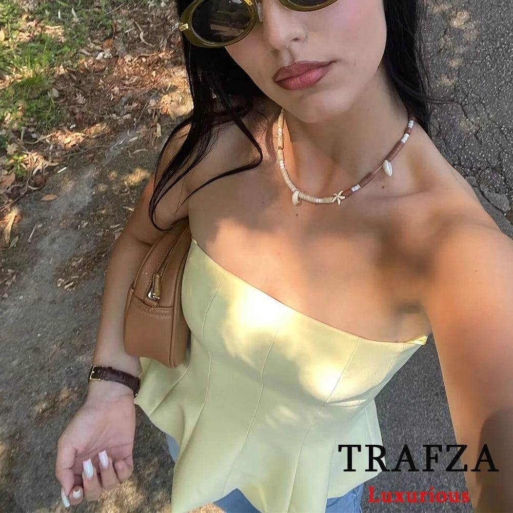 TRAFZA Sexy Butter Yellow Cami Ruffles Tube Tops Women Fashion 2025 Summer Strapless Y2K Girl Streetwear Tops Holiday Party Tops