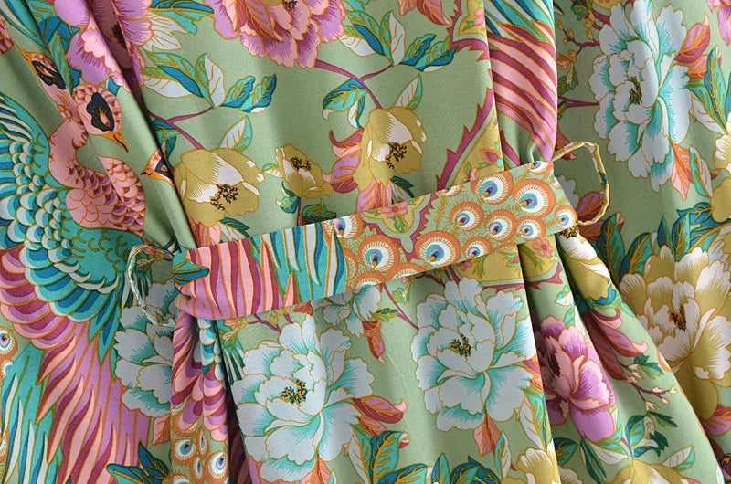 Boho Queens Vintage Green Peacock Floral Print Sashes Kimono Women Bohemian V Neck Batwing Sleeves Happie Short Robe Kimono