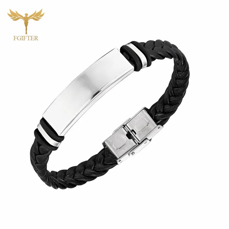 Braided Leather Bracelet with Stainless Steel Cuff Big Blank Area Steel Bracelets for Custom Jewelry Gift Men Women Teen
