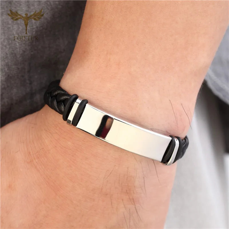 Braided Leather Bracelet with Stainless Steel Cuff Big Blank Area Steel Bracelets for Custom Jewelry Gift Men Women Teen