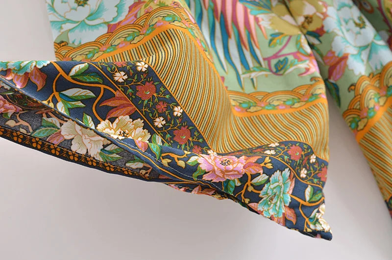 Boho Queens Vintage Green Peacock Floral Print Sashes Kimono Women Bohemian V Neck Batwing Sleeves Happie Short Robe Kimono