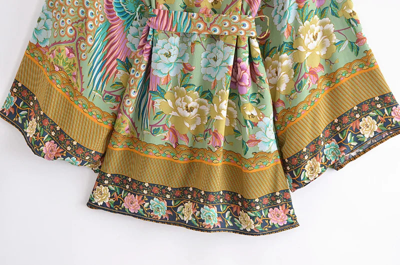 Boho Queens Vintage Green Peacock Floral Print Sashes Kimono Women Bohemian V Neck Batwing Sleeves Happie Short Robe Kimono