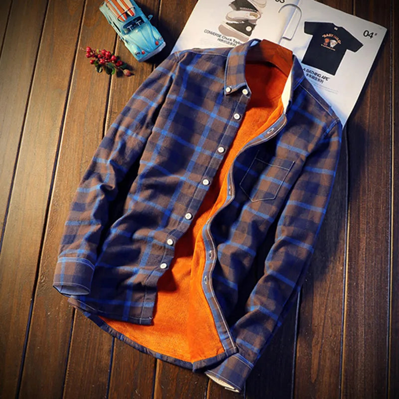 Camisa Masculina  Men Plaid Flannel Shirts Mens Casual Autumn Winter Spring Thick Warm Fleece Cotton Long Sleeve Shirt MCS06