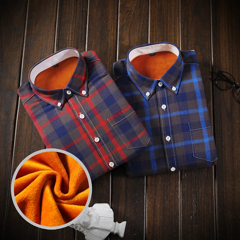 Camisa Masculina  Men Plaid Flannel Shirts Mens Casual Autumn Winter Spring Thick Warm Fleece Cotton Long Sleeve Shirt MCS06
