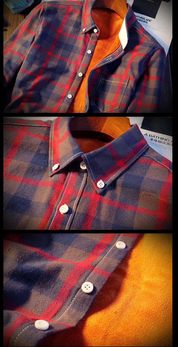 Camisa Masculina  Men Plaid Flannel Shirts Mens Casual Autumn Winter Spring Thick Warm Fleece Cotton Long Sleeve Shirt MCS06