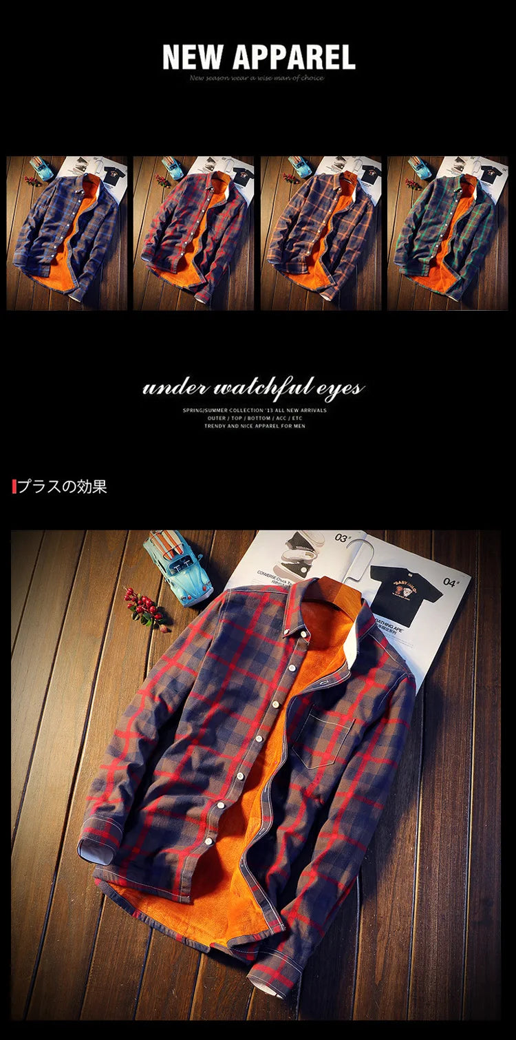 Camisa Masculina  Men Plaid Flannel Shirts Mens Casual Autumn Winter Spring Thick Warm Fleece Cotton Long Sleeve Shirt MCS06