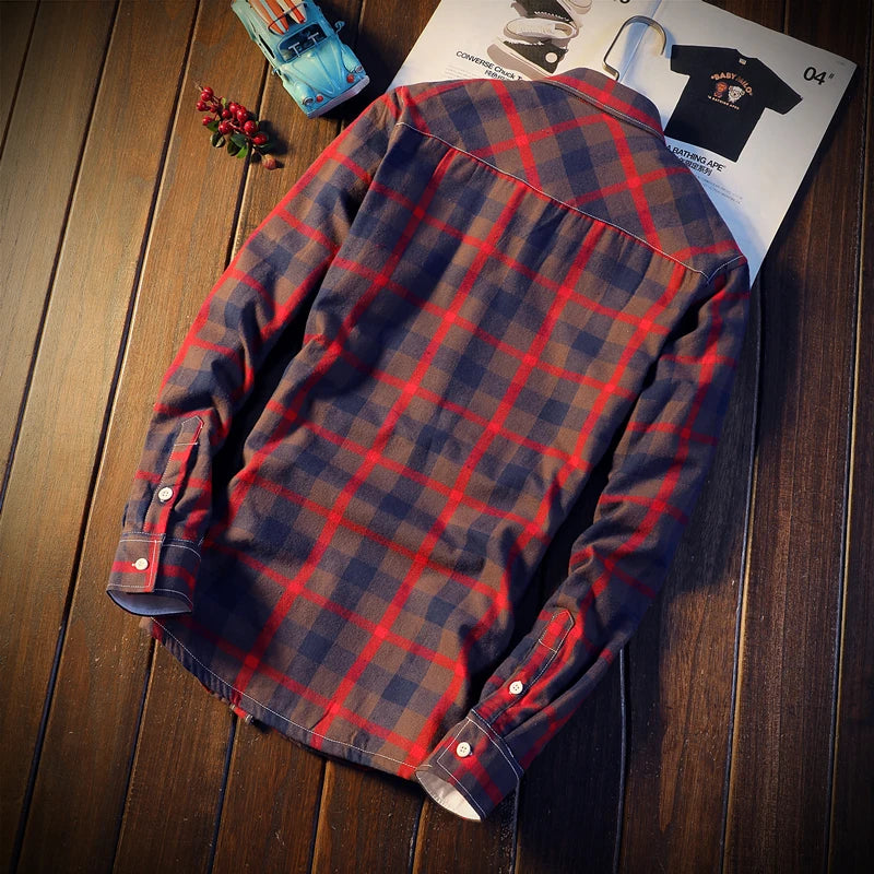 Camisa Masculina  Men Plaid Flannel Shirts Mens Casual Autumn Winter Spring Thick Warm Fleece Cotton Long Sleeve Shirt MCS06