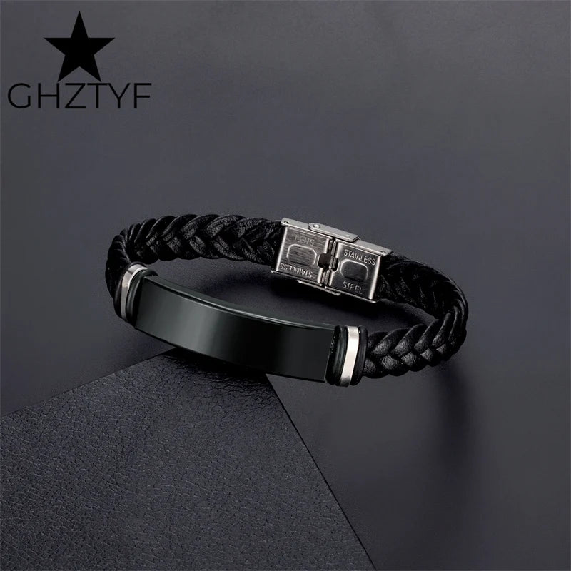 Braided Leather Bracelet with Stainless Steel Cuff Big Blank Area Steel Bracelets for Custom Jewelry Gift Men Women Teen