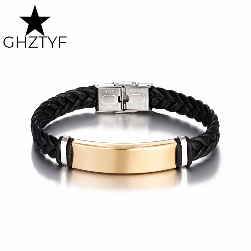 Braided Leather Bracelet with Stainless Steel Cuff Big Blank Area Steel Bracelets for Custom Jewelry Gift Men Women Teen