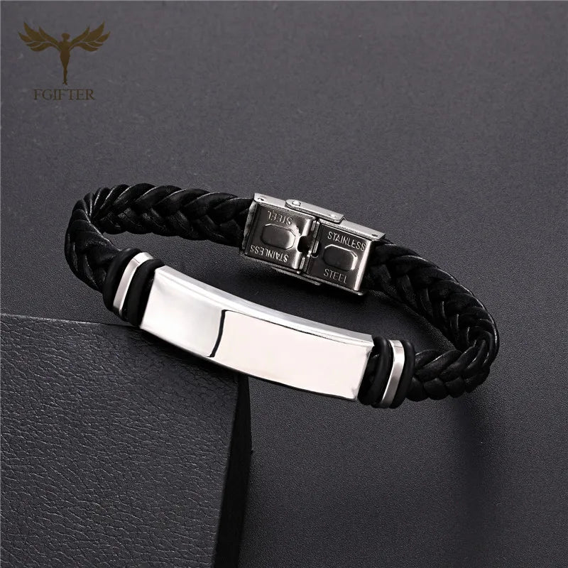 Braided Leather Bracelet with Stainless Steel Cuff Big Blank Area Steel Bracelets for Custom Jewelry Gift Men Women Teen