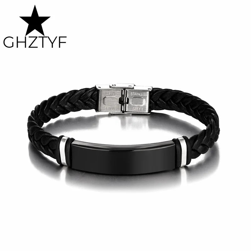 Braided Leather Bracelet with Stainless Steel Cuff Big Blank Area Steel Bracelets for Custom Jewelry Gift Men Women Teen