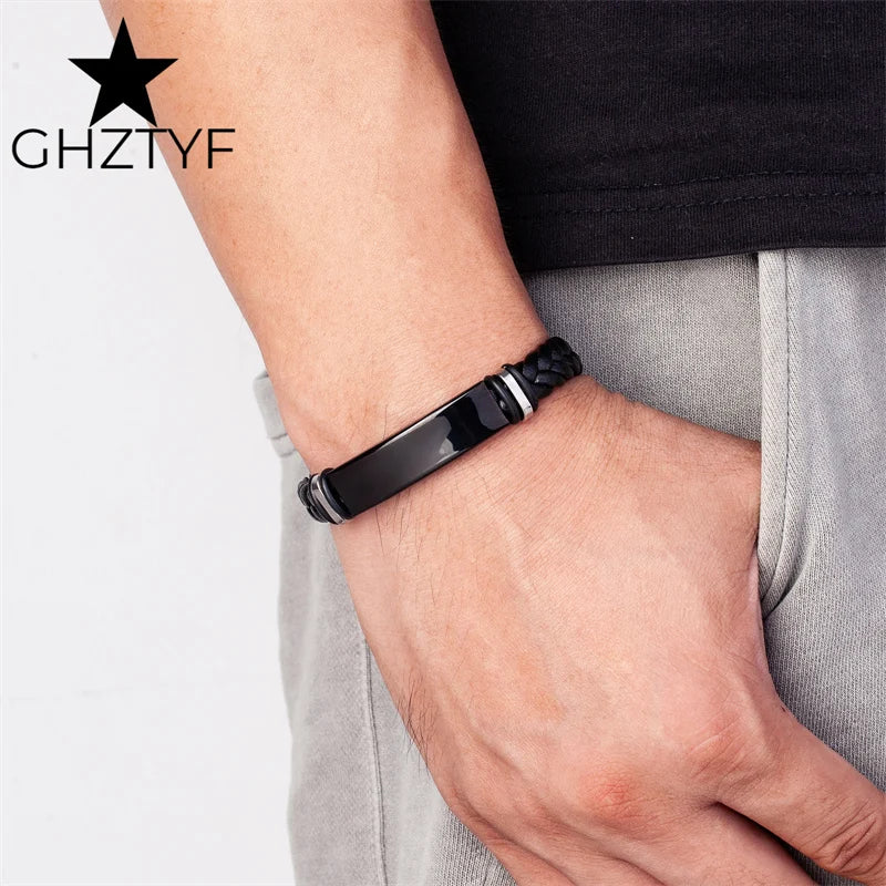 Braided Leather Bracelet with Stainless Steel Cuff Big Blank Area Steel Bracelets for Custom Jewelry Gift Men Women Teen