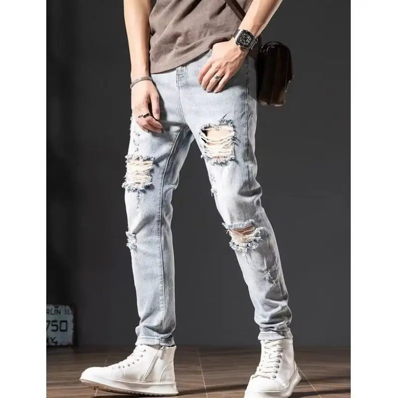 Trendy Brand Ripped Light-color Jeans Men's 2025 Spring Summer Thin Slim-fit Pants Ruffian Hands Pants Ripped Jeans Men Clothing
