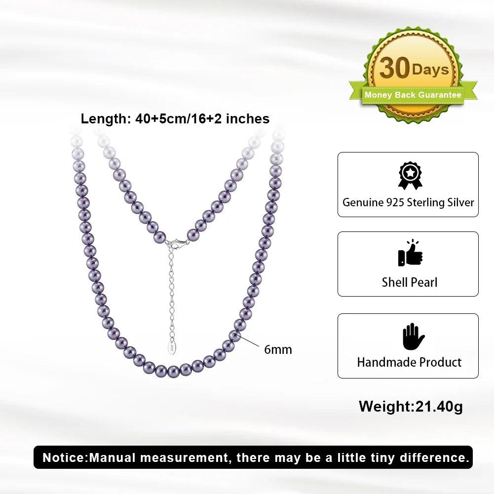 ORSA JEWELS 6mm Natural Shell Pearls Beaded Necklace 925 Silver Pink Purple Round Shell Choker Chain Wedding Pearl Chain PSN03