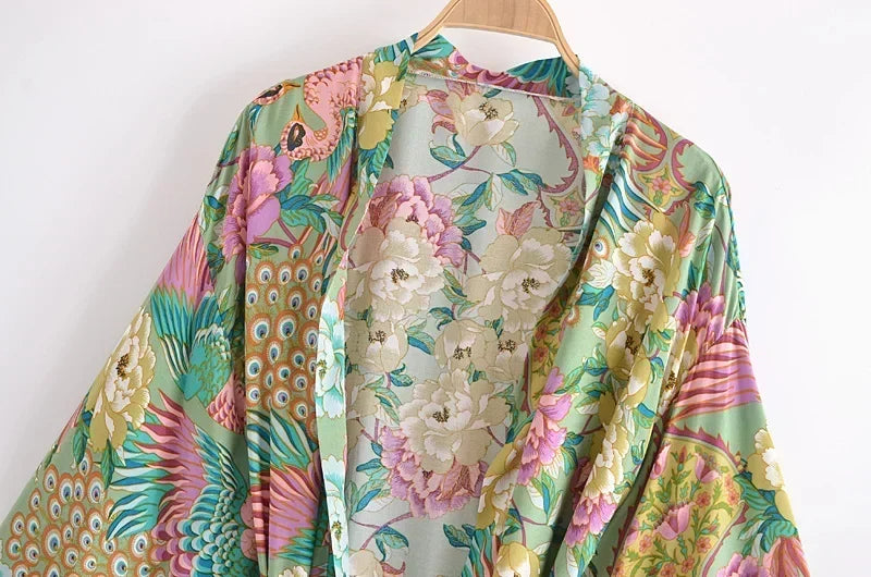 Boho Queens Vintage Green Peacock Floral Print Sashes Kimono Women Bohemian V Neck Batwing Sleeves Happie Short Robe Kimono