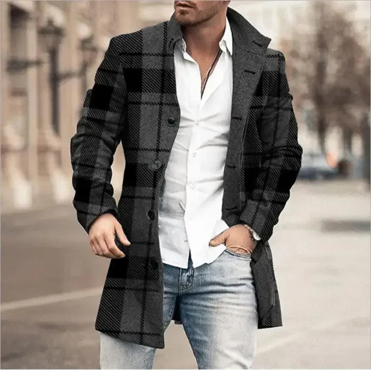 Checkered Men's Trench 2025 New Coat Autumn Winter Outdoor Casual Fashion Windproof Trench Coat Woolen Jacket Clothing