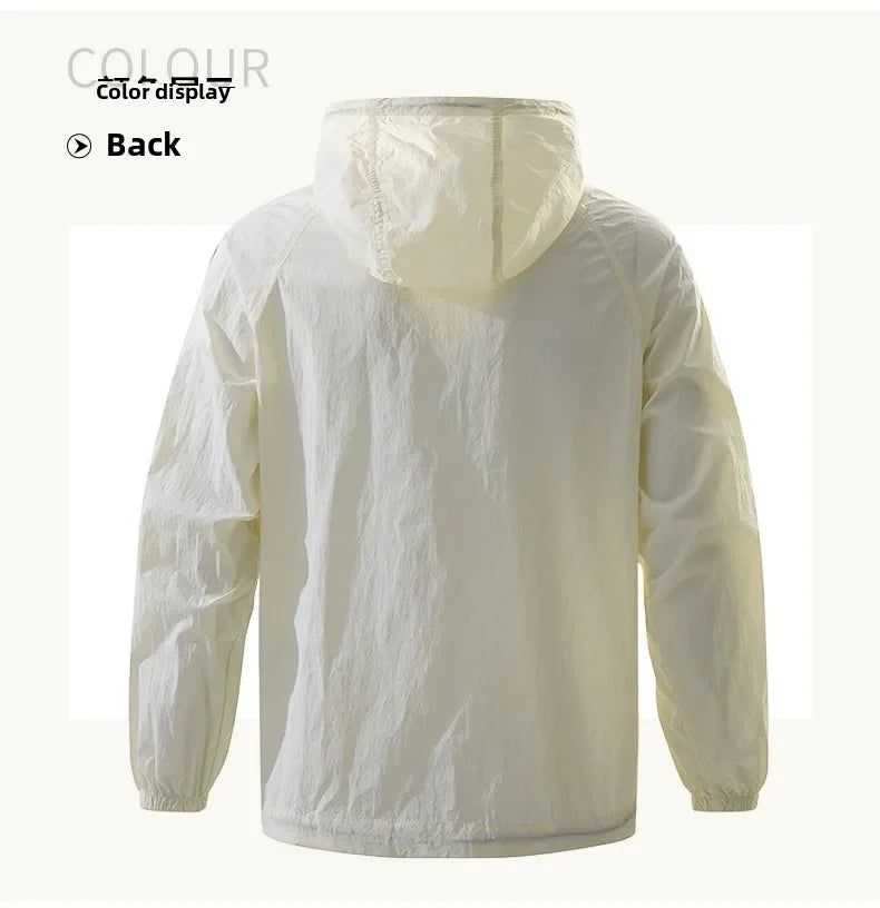 UPF50+Men's Hooded Windbreaker Jacket - Ultra Light Summer Zipper Pocket Elastic Cuffs Suitable for Outdoor Hiking and Running