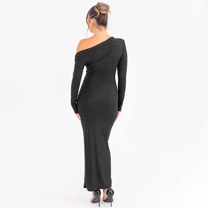 Elegant Long Sleeved One Shoudle Shiny Pleated Bodycon Party Evening Dress Women Spring New 2025 Tight Sexy Prom Vestidos