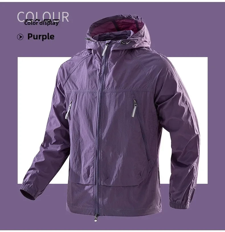 UPF50+Men's Hooded Windbreaker Jacket - Ultra Light Summer Zipper Pocket Elastic Cuffs Suitable for Outdoor Hiking and Running