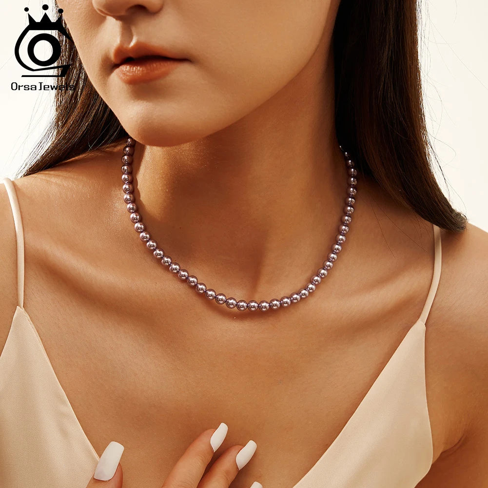 ORSA JEWELS 6mm Natural Shell Pearls Beaded Necklace 925 Silver Pink Purple Round Shell Choker Chain Wedding Pearl Chain PSN03