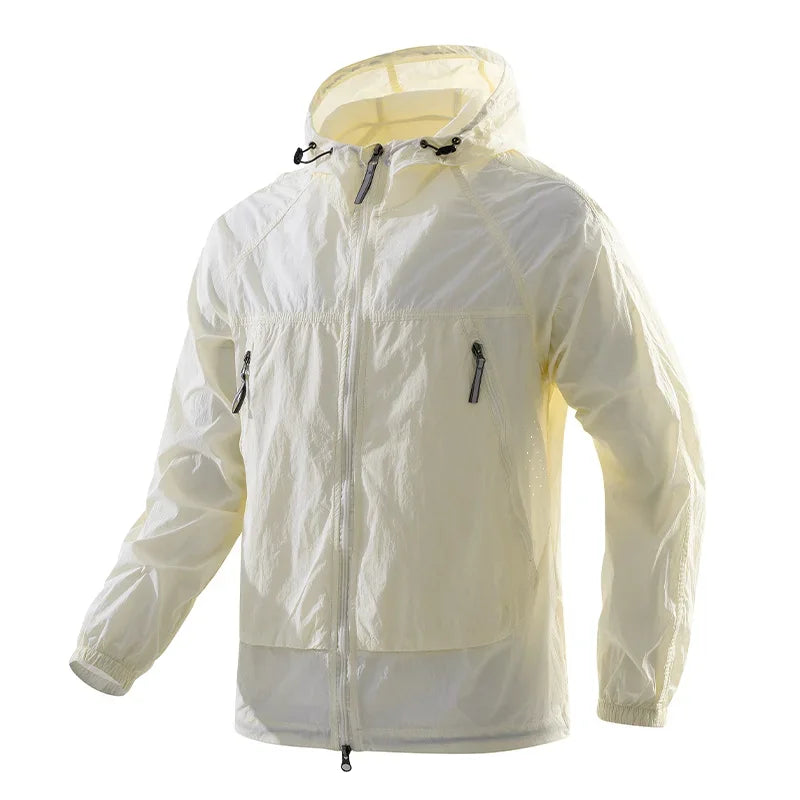 UPF50+Men's Hooded Windbreaker Jacket - Ultra Light Summer Zipper Pocket Elastic Cuffs Suitable for Outdoor Hiking and Running