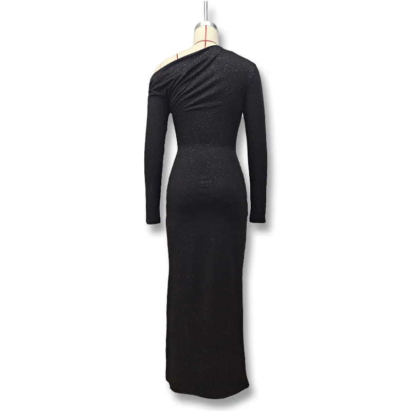 Elegant Long Sleeved One Shoudle Shiny Pleated Bodycon Party Evening Dress Women Spring New 2025 Tight Sexy Prom Vestidos