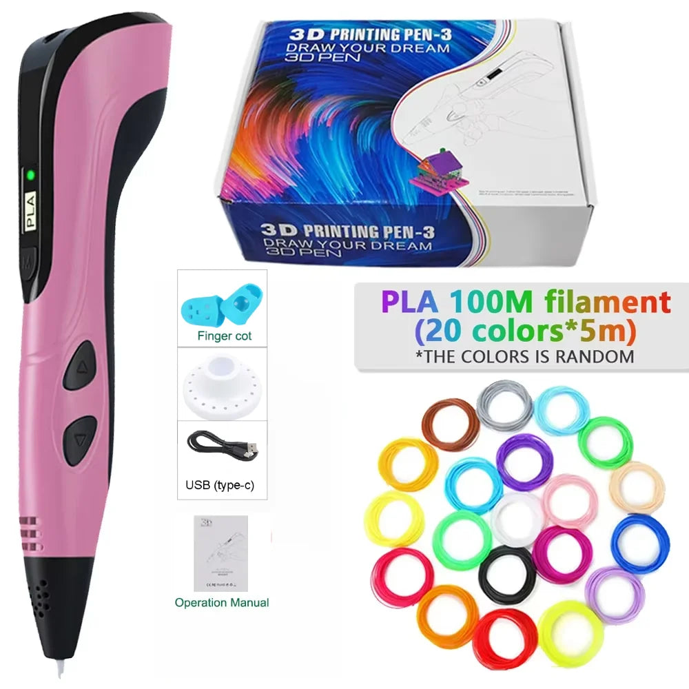 3D Printing Pen With LED Display 3D Pen Set for Kids Filament Children USB Drawing Tool Drawing Toy DIY Christmas Birthday Gift