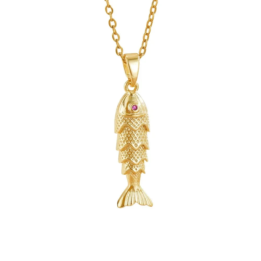 Charm Gold Color Stainless Steel Stereo Koi Purple Zircon Fish Eyes Pendant Necklace for Women Personality Collar Chain Jewelry