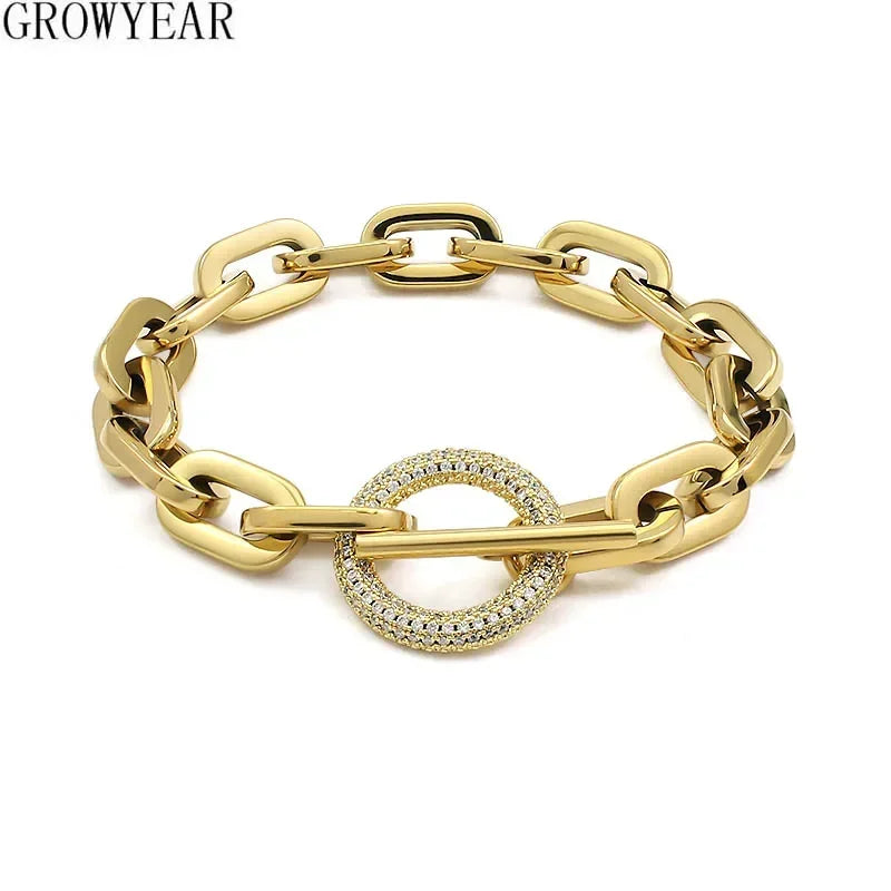 316L Stainless Steel Paperclip Links Bracelets With Cubic Zirconia T Toggle Clasp Waterproof Wristband Punk Hip Hop Jewelry
