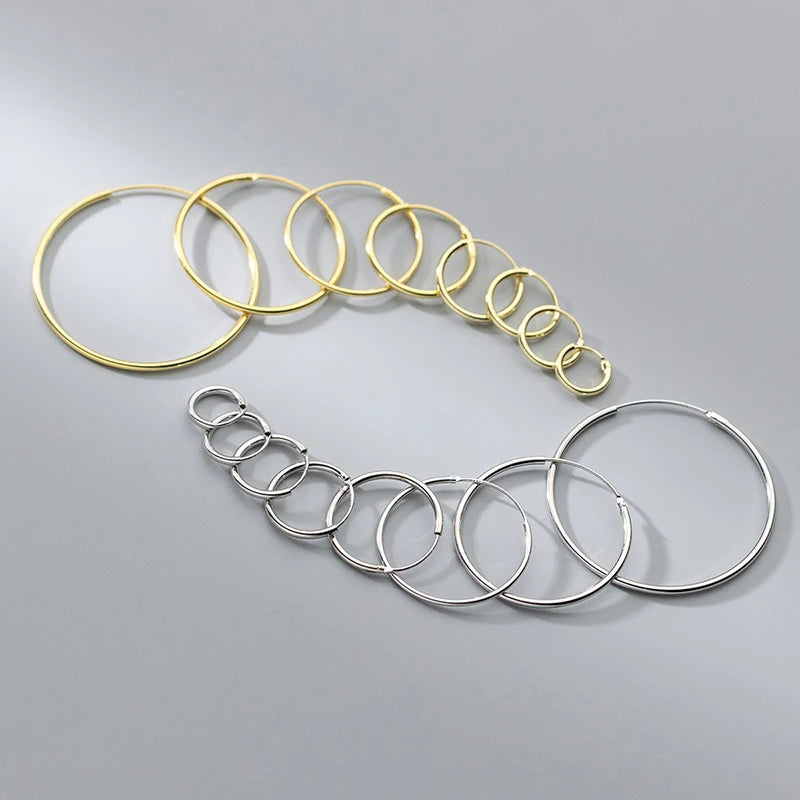 Real 925 Sterling Silver 1.2/1.5mm Wire Diameter Large Round Hoop Earrings for Women Classic Fine Jewelry Minimalist Accessories