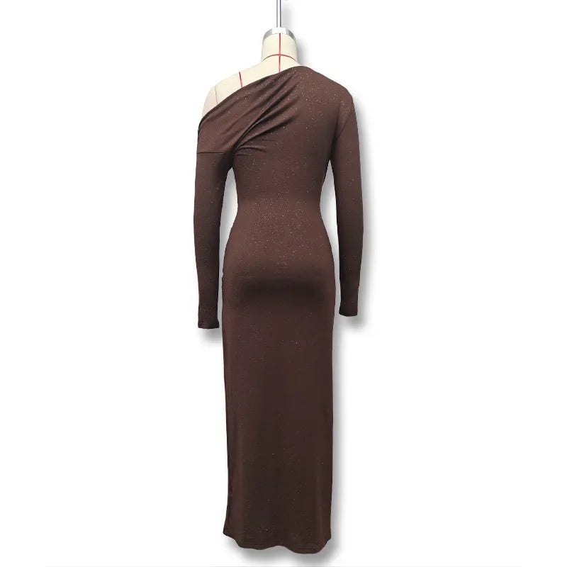 Elegant Long Sleeved One Shoudle Shiny Pleated Bodycon Party Evening Dress Women Spring New 2025 Tight Sexy Prom Vestidos