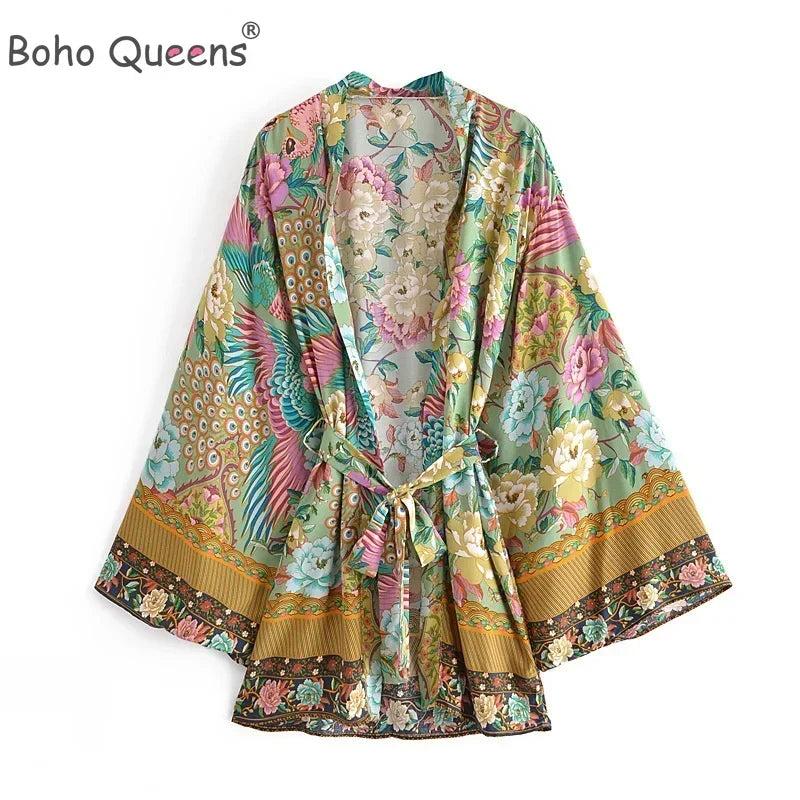 Boho Queens Vintage Green Peacock Floral Print Sashes Kimono Women Bohemian V Neck Batwing Sleeves Happie Short Robe Kimono
