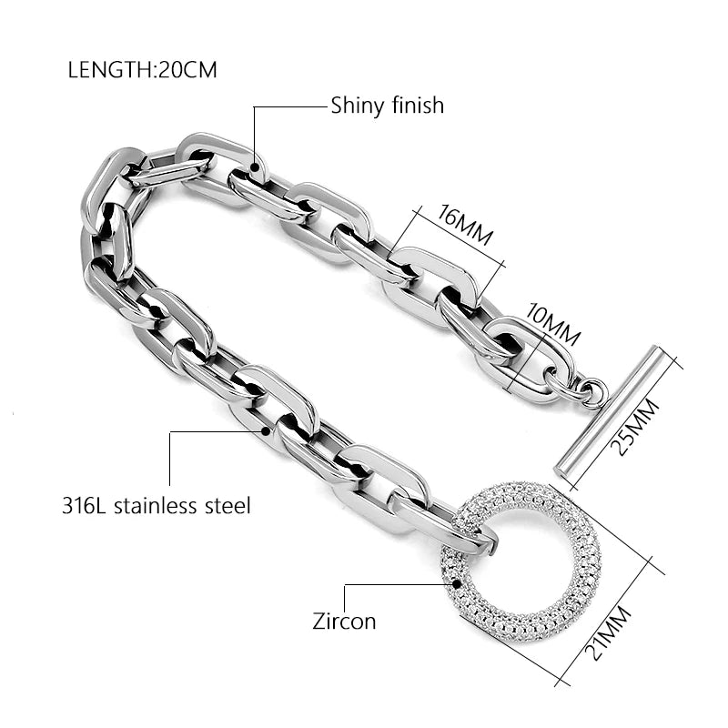316L Stainless Steel Paperclip Links Bracelets With Cubic Zirconia T Toggle Clasp Waterproof Wristband Punk Hip Hop Jewelry