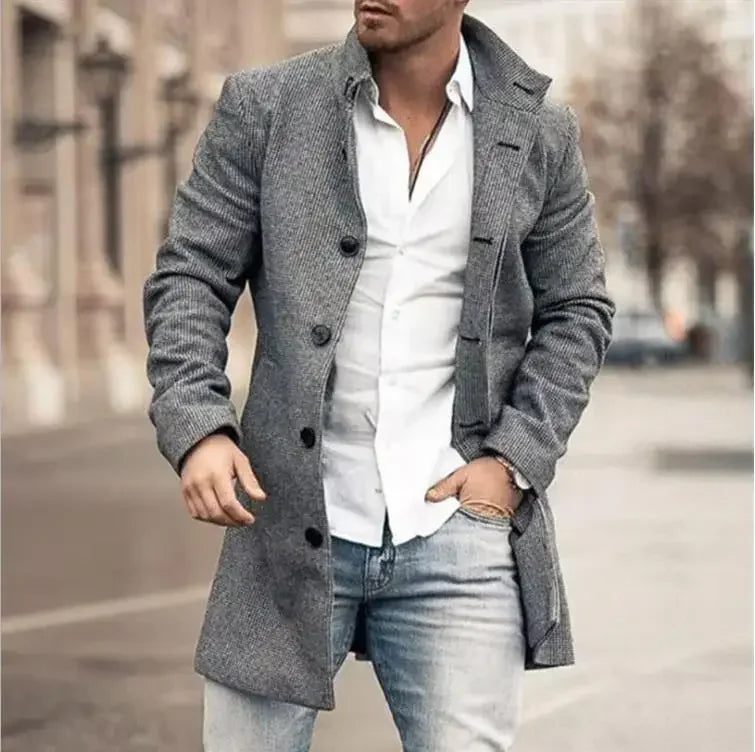 Checkered Men's Trench 2025 New Coat Autumn Winter Outdoor Casual Fashion Windproof Trench Coat Woolen Jacket Clothing