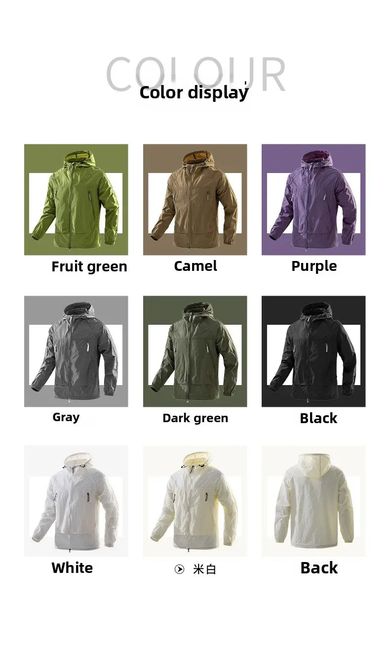 UPF50+Men's Hooded Windbreaker Jacket - Ultra Light Summer Zipper Pocket Elastic Cuffs Suitable for Outdoor Hiking and Running
