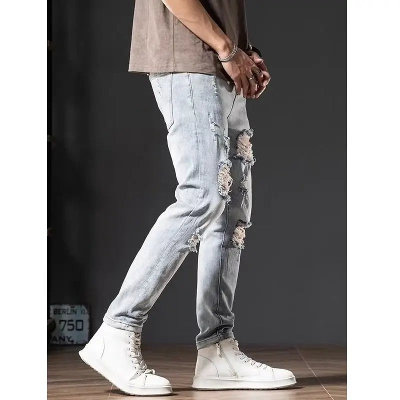 Trendy Brand Ripped Light-color Jeans Men's 2025 Spring Summer Thin Slim-fit Pants Ruffian Hands Pants Ripped Jeans Men Clothing