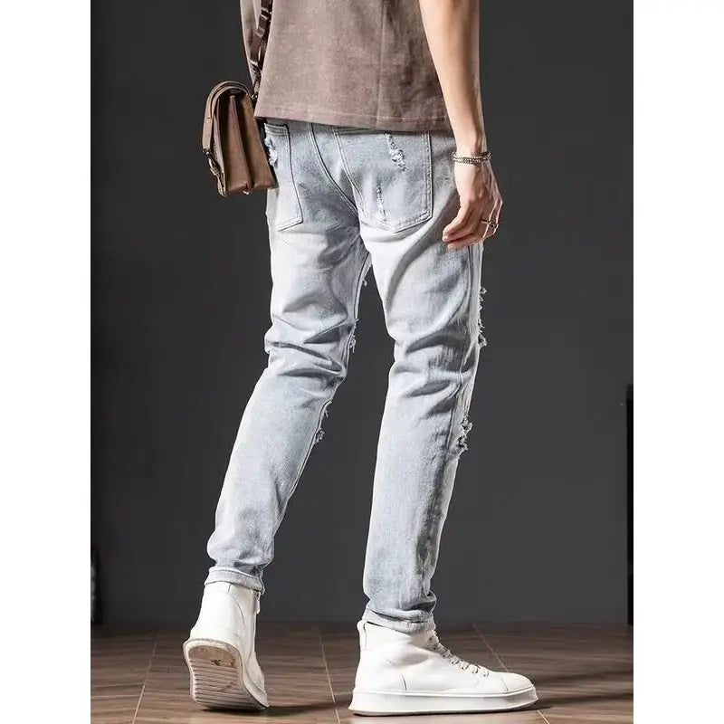 Trendy Brand Ripped Light-color Jeans Men's 2025 Spring Summer Thin Slim-fit Pants Ruffian Hands Pants Ripped Jeans Men Clothing