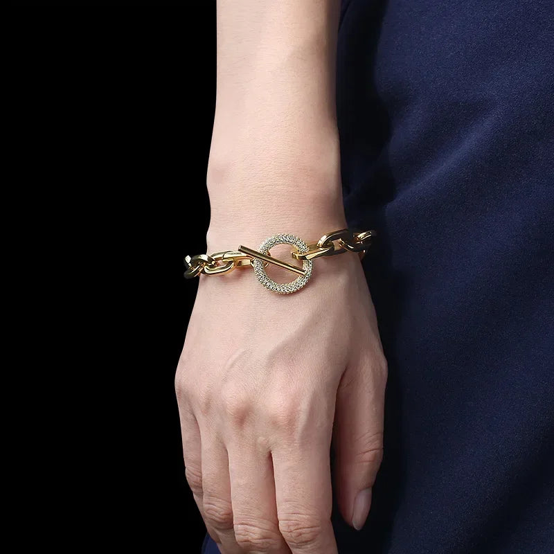 316L Stainless Steel Paperclip Links Bracelets With Cubic Zirconia T Toggle Clasp Waterproof Wristband Punk Hip Hop Jewelry