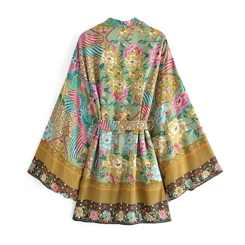 Boho Queens Vintage Green Peacock Floral Print Sashes Kimono Women Bohemian V Neck Batwing Sleeves Happie Short Robe Kimono