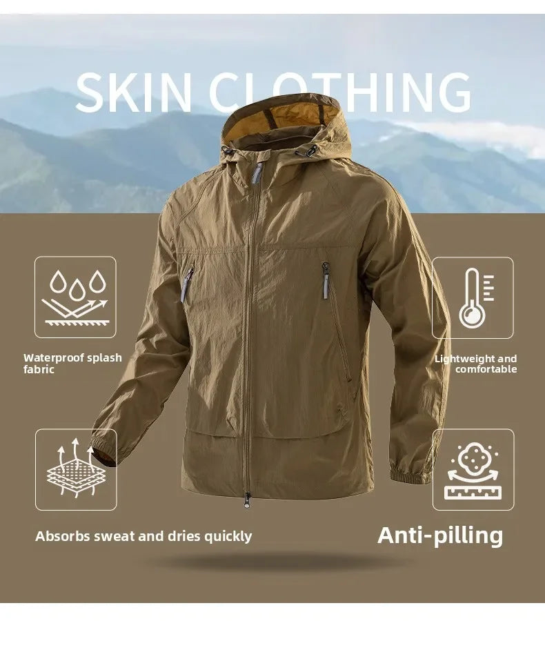 UPF50+Men's Hooded Windbreaker Jacket - Ultra Light Summer Zipper Pocket Elastic Cuffs Suitable for Outdoor Hiking and Running