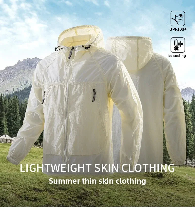UPF50+Men's Hooded Windbreaker Jacket - Ultra Light Summer Zipper Pocket Elastic Cuffs Suitable for Outdoor Hiking and Running