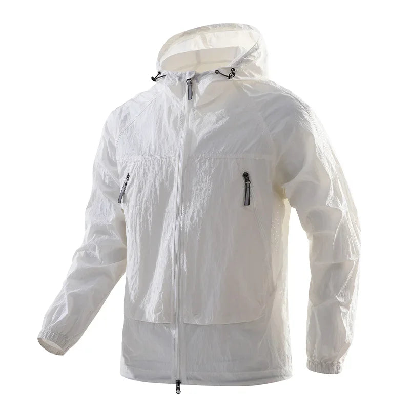 UPF50+Men's Hooded Windbreaker Jacket - Ultra Light Summer Zipper Pocket Elastic Cuffs Suitable for Outdoor Hiking and Running