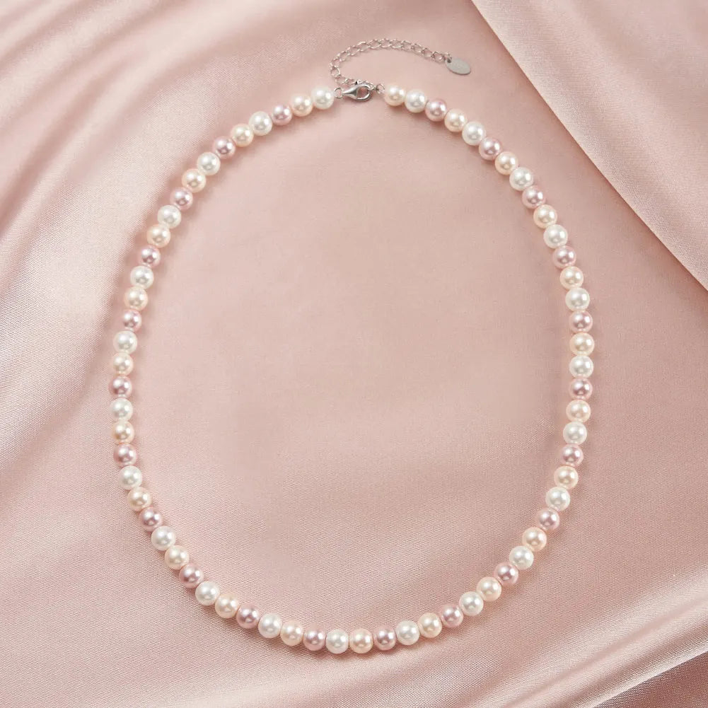 ORSA JEWELS 6mm Natural Shell Pearls Beaded Necklace 925 Silver Pink Purple Round Shell Choker Chain Wedding Pearl Chain PSN03