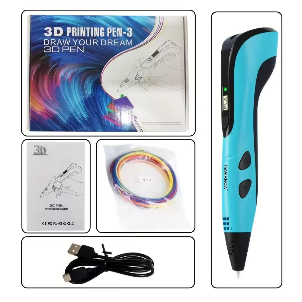3D Printing Pen With LED Display 3D Pen Set for Kids Filament Children USB Drawing Tool Drawing Toy DIY Christmas Birthday Gift