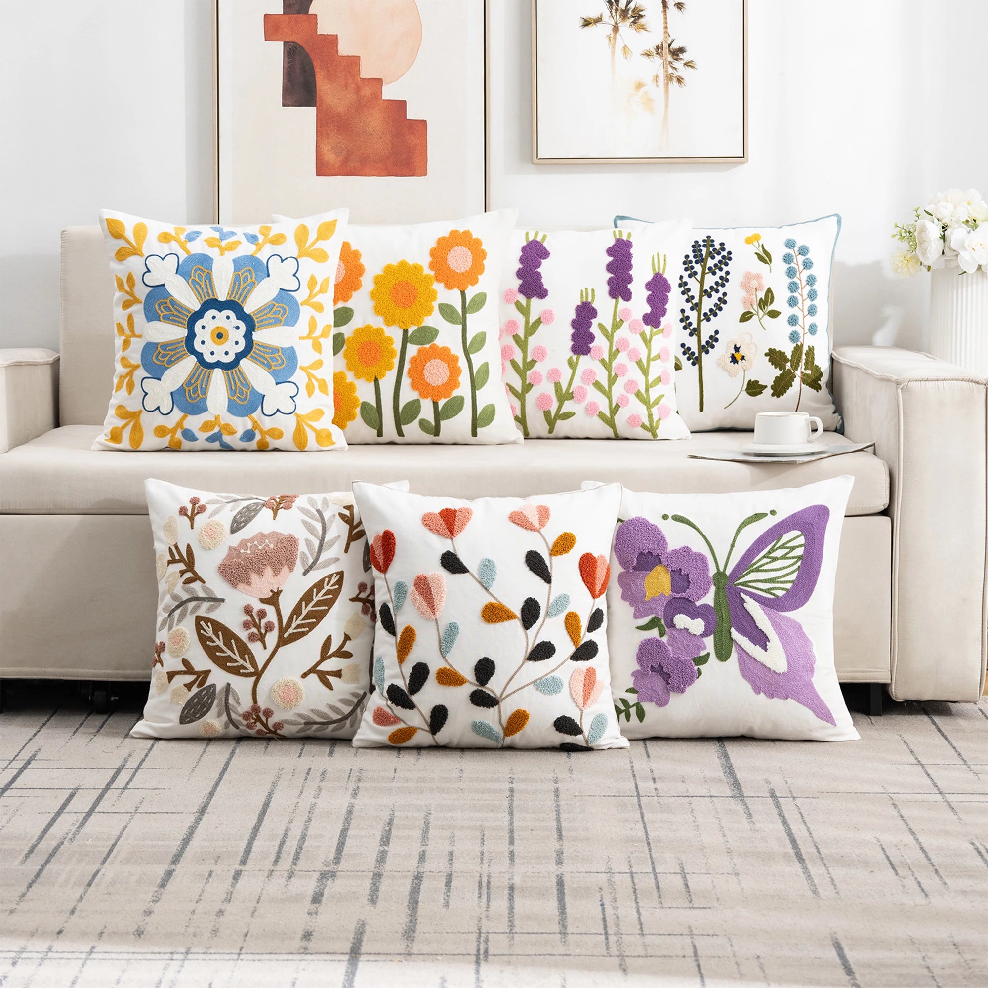 Embroidered flower pillowcase, natural style, modern and simple sofa head pillow