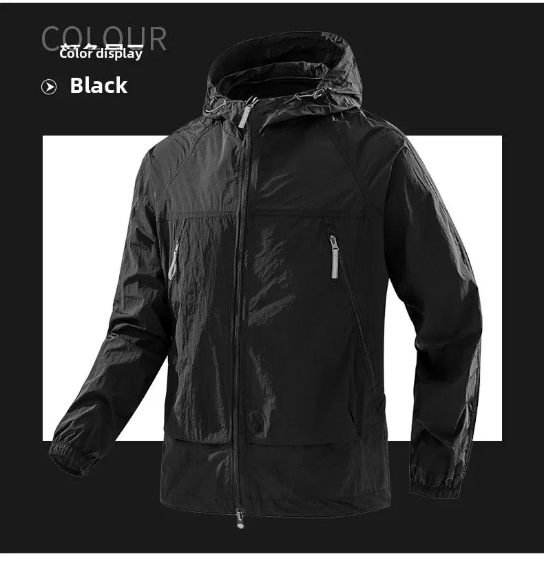 UPF50+Men's Hooded Windbreaker Jacket - Ultra Light Summer Zipper Pocket Elastic Cuffs Suitable for Outdoor Hiking and Running