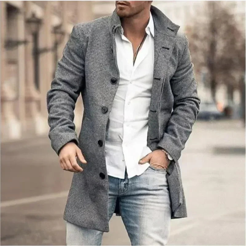 Checkered Men's Trench 2025 New Coat Autumn Winter Outdoor Casual Fashion Windproof Trench Coat Woolen Jacket Clothing