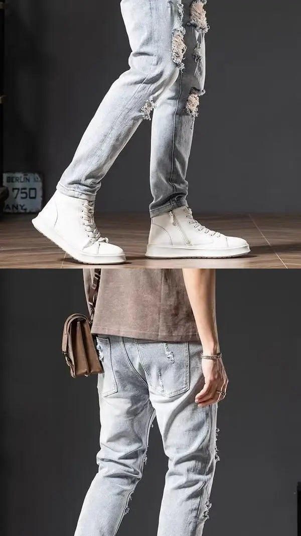 Trendy Brand Ripped Light-color Jeans Men's 2025 Spring Summer Thin Slim-fit Pants Ruffian Hands Pants Ripped Jeans Men Clothing