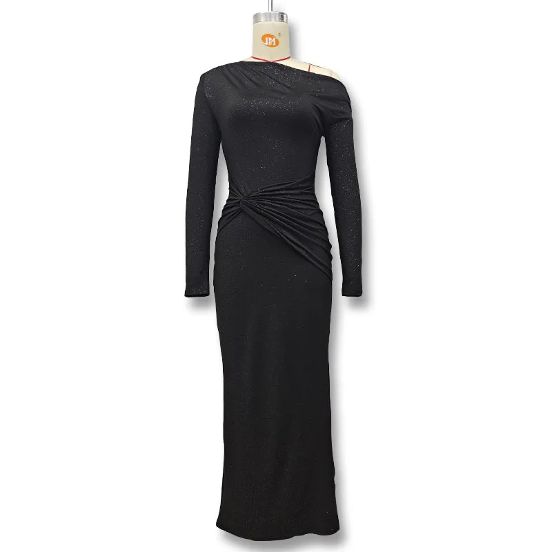 Elegant Long Sleeved One Shoudle Shiny Pleated Bodycon Party Evening Dress Women Spring New 2025 Tight Sexy Prom Vestidos