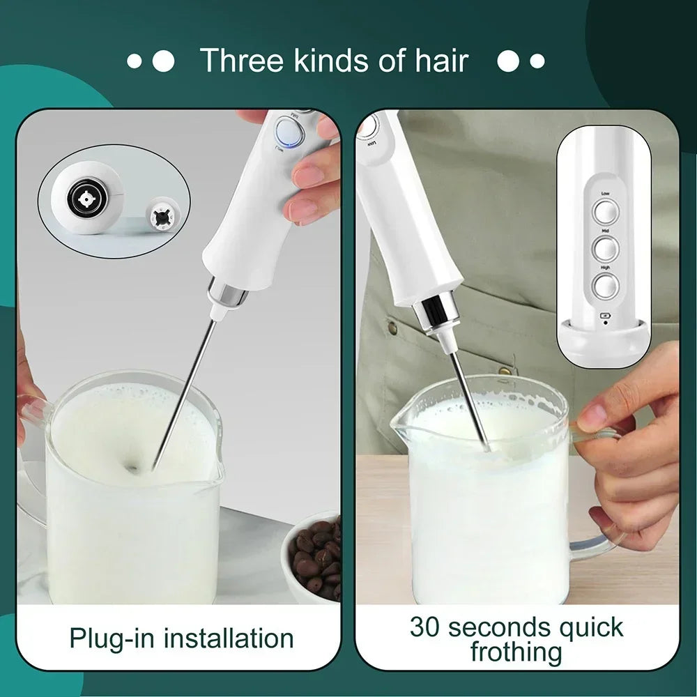 Rechargeable 3-Speed Handheld Milk Frother Mini Electric Foam Maker for Latte Cappuccino Coffee